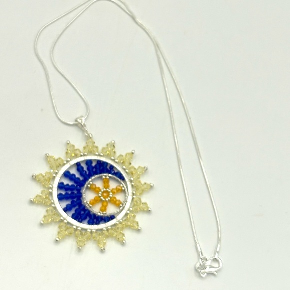 Hand Crafted Crystal Sun and Moon Pendant Necklace Yellow and Blue - Picture 4 of 7